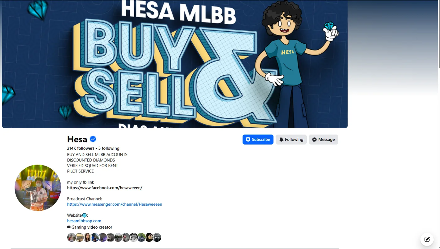 Hesa MLBB Facebook page with 214K followers, buy and sell banner, and a link to the shop website