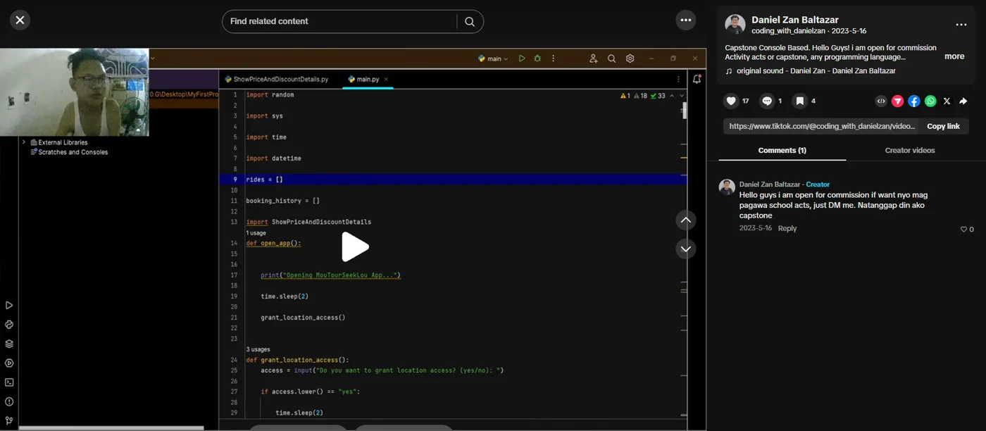 Screen recording of a console-based capstone in Python with a webcam overlay