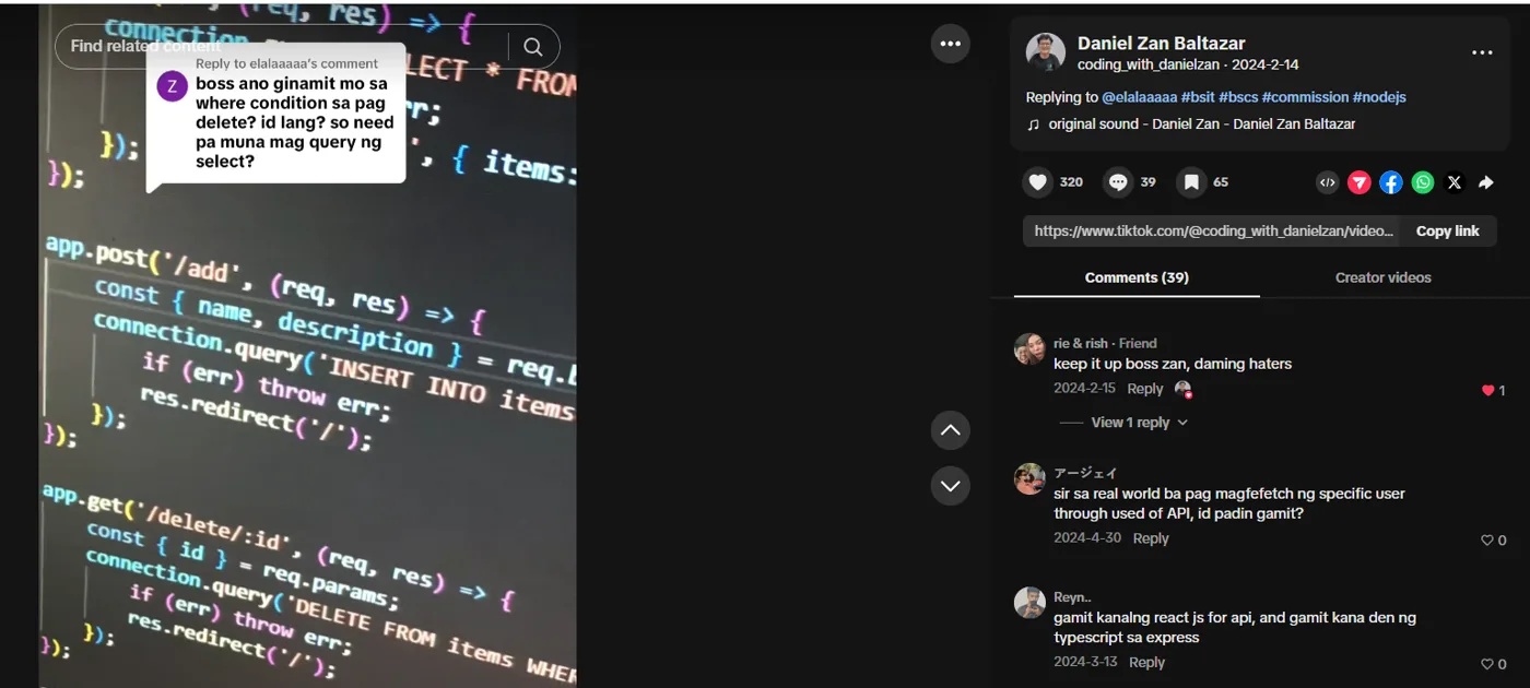 Reply video showing Node.js and Express routes for add and delete, with 39 comments